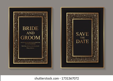 Set of modern geometric luxury wedding invitation design or card templates for business or presentation or greeting with golden glitter oe halftone on a black background.