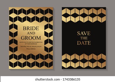 Set of modern geometric luxury wedding invitation design or card templates for business or presentation or greeting with golden ornament on a black background.