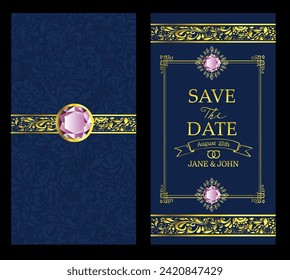 Set of modern geometric luxury wedding invitation design or card templates for business or presentation or greeting with golden and blue color on a glitter background.