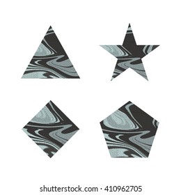 Set of modern geometric marbled shapes isolated. Shapes for logo design. Geometric template. Star, rhombus, triangle, hexagon. Hipster party invitations. Hipster logo design. Cover design. Monochrome