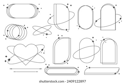 Set of Modern, geometric, minimalist aesthetic line elements. Trendy linear frames with stars, geometric forms. Brutalism design with Y2K style. Geometric element design.