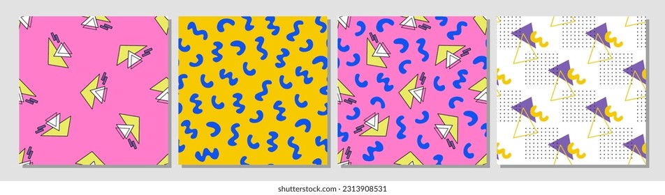 Conjunto de patrones geométricos modernos sin costura. Resumen geometría juguetona, puntos, triángulos. 80, 90 vibraciones. Memphis. Nostalgia retro. Papel digital, fondo.