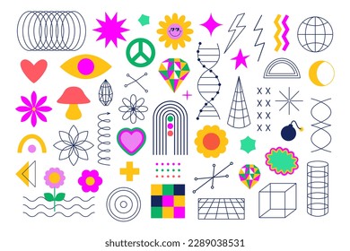 Set of modern geometric shapes. Trendy playful geometry. Line art, frames, flowers, figures. Y2k, abstract memphis graphic elements. Retro vintage concept for banner, poster, advertising, web, cards