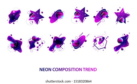 Set modern geometric space lines retro neon volume abstract set violet banner trend art hipster style white background
