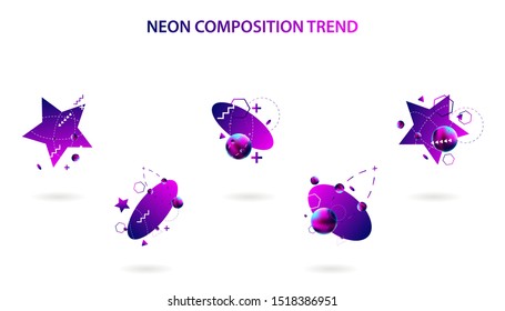 Set modern geometric space lines retro neon volume abstract set violet banner trend art hipster style white background