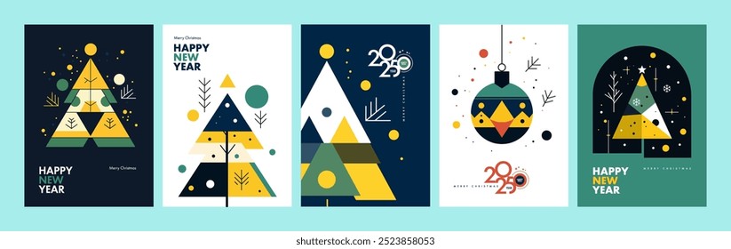 Set of modern geometric vector holiday card designs featuring Christmas trees and ornaments for New Year celebrations. Minimalist style with colorful abstract patterns.