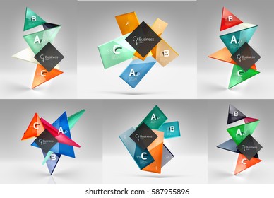Set of modern geometrical concepts - design elements. Abstract color translucent shapes with text on 3d background. Vector template background for workflow layout, diagram, number options or web