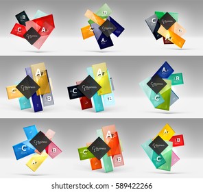 Set of modern geometrical concepts - design elements. Abstract color translucent shapes with text on 3d background. Vector template background for workflow layout, diagram, number options or web