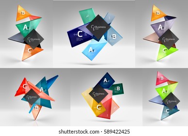 Set of modern geometrical concepts - design elements. Abstract color translucent shapes with text on 3d background. Vector template background for workflow layout, diagram, number options or web