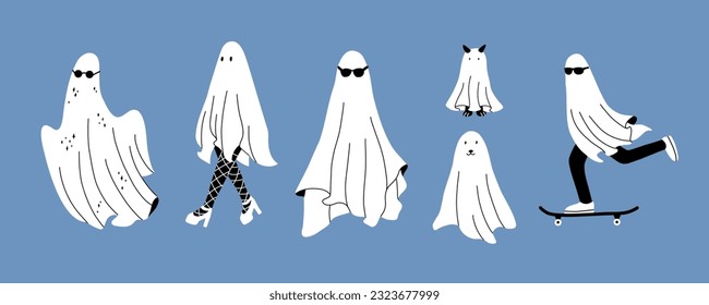 Set of modern ghosts. Cute cartoon spooky monsters. Halloween trendy characters.