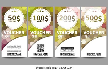 Set of modern gift voucher templates. Polygonal design vector, colorful geometric triangular backgrounds.