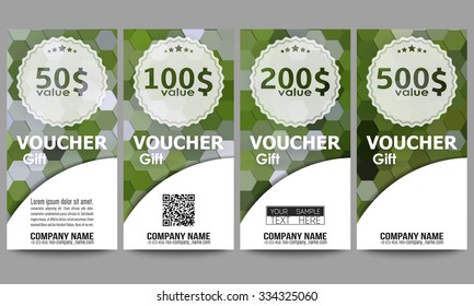 Set of modern gift voucher templates. Polygonal design vector, colorful geometric hexagonal backgrounds.