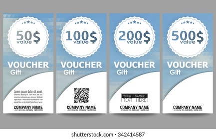 Set of modern gift voucher templates. Polygonal design vector, colorful geometric triangular backgrounds.