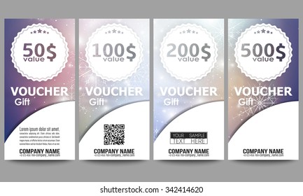 Set of modern gift voucher templates. Blue abstract winter background. Christmas vector style with snowflakes.
