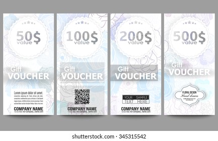 Set of modern gift voucher templates. Hand drawn floral doodle pattern, abstract vector background.