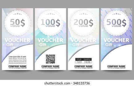 Set of modern gift voucher templates. Colorful triangle design, abstract vector background.