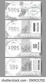 Set of modern gift voucher templates. Hand drawn floral doodle pattern, abstract vector background.
