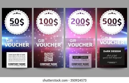 Set of modern gift voucher templates. Flashes against dark background.