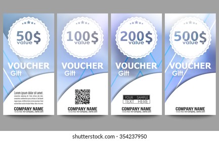 Set of modern gift voucher templates. Winter design, abstract blue background.