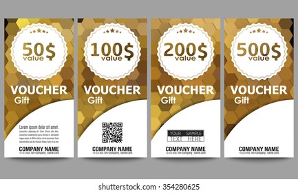 Set of modern gift voucher templates. Polygonal design vector, colorful geometric hexagonal backgrounds.
