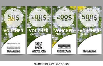 Set of modern gift voucher templates. Polygonal design vector, colorful geometric triangular backgrounds.