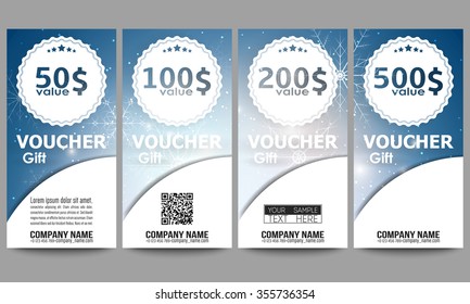 Set of modern gift voucher templates. Blue abstract winter background. Christmas vector style with snowflakes.
