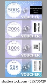 Set of modern gift voucher templates. Abstract white circles on light blue background, vector illustration.