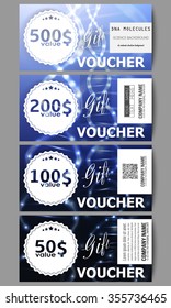 Set of modern gift voucher templates. DNA molecule structure on dark blue background. Science vector background.