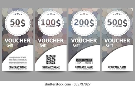 Set of modern gift voucher templates. Polygonal design vector, colorful geometric hexagonal backgrounds.