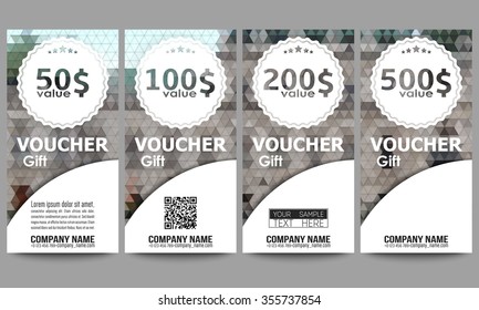 Set of modern gift voucher templates. Polygonal design vector, colorful geometric triangular backgrounds.