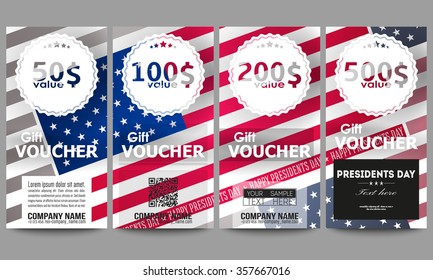 Set of modern gift voucher templates. Presidents day background with american flag, abstract vector illustration.
