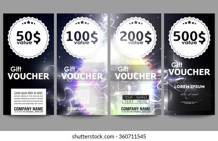 Set of modern gift voucher templates. Electric lighting effect. Magic vector background with lightning. 