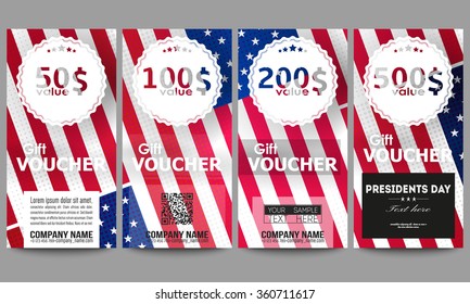 Set of modern gift voucher templates. Presidents day background with american flag, abstract vector illustration.