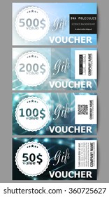 Set of modern gift voucher templates. DNA molecule structure on dark blue background. Science vector background.