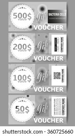 Set of modern gift voucher templates. Molecular research, illustration of cells in gray, science vector background.
