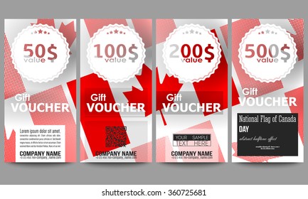 Set of modern gift voucher templates. National Flag of Canada Day. Abstract dotted vector background