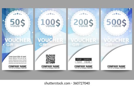 Set of modern gift voucher templates. Colorful triangle design, abstract vector background.