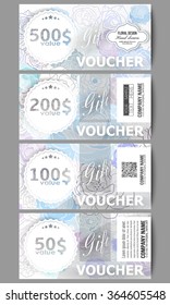 Set of modern gift voucher templates. Hand drawn floral doodle pattern, abstract vector background.