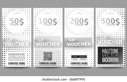 Set of modern gift voucher templates. Halftone vector background. Abstract halftone effect with black dots on white background.