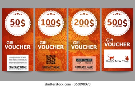 Set of modern gift voucher templates. Chinese new year background. Floral design with red monkeys, vector illustration.