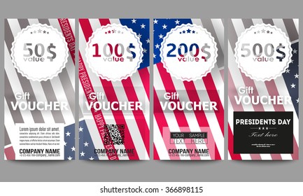 Set of modern gift voucher templates. Presidents day background with american flag, abstract vector illustration.