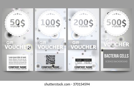 Set of modern gift voucher templates. Molecular research, illustration of cells in gray, science vector background.