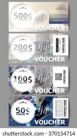 Set of modern gift voucher templates. DNA molecule structure on dark blue background. Science vector background.