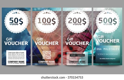 Set of modern gift voucher templates. DNA molecule structure on dark green background. Science vector background.