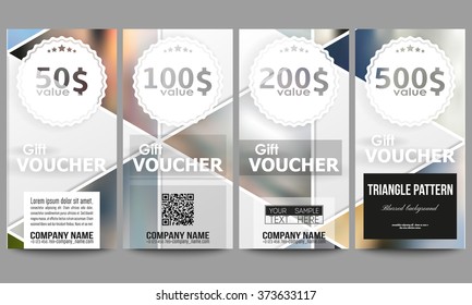 Set of modern gift voucher templates. Abstract multicolored background of blurred nature landscapes, geometric vector, triangular style illustration.