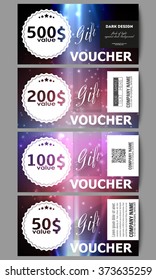 Set of modern gift voucher templates. Flashes against dark background.