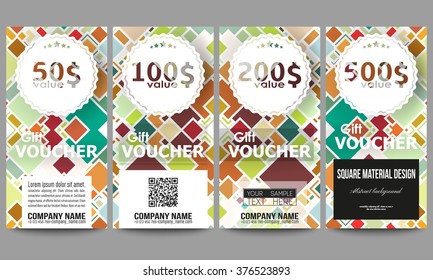 Set of modern gift voucher templates. Material Design. Colored vector background.