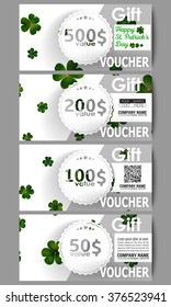 Set of modern gift voucher templates. St Patricks day vector background, green clovers on white.