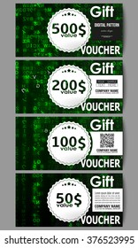 Set of modern gift voucher templates. Virtual reality, abstract technology background with green symbols, vector illustration.