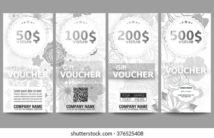 Set of modern gift voucher templates. Hand drawn floral doodle pattern, abstract vector background.